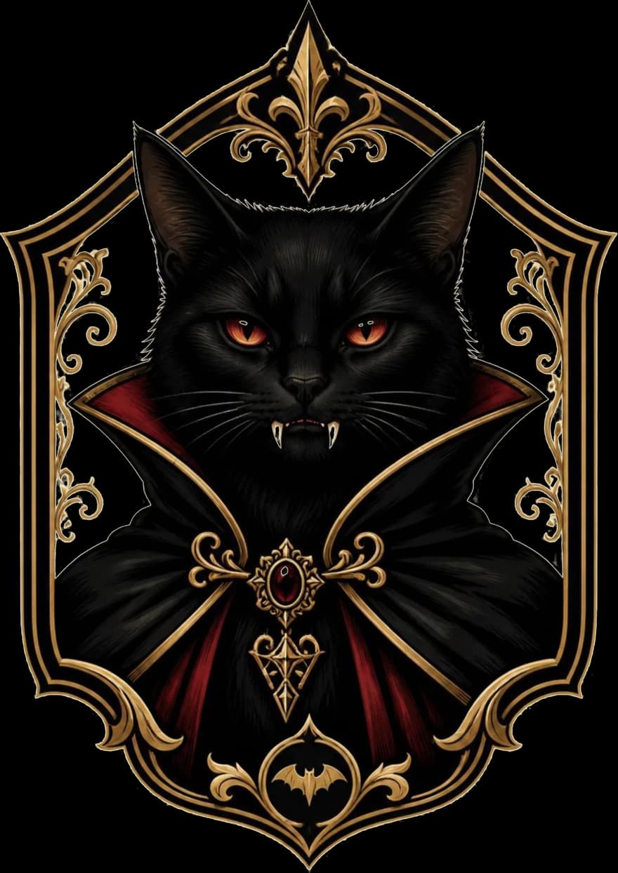 The Count Mittens crest: a fanged black cat in a gilded shield